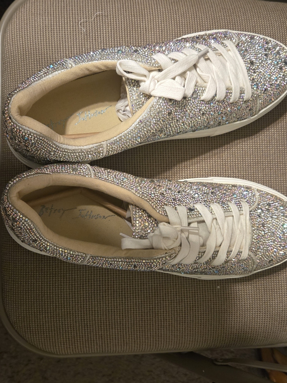 Betsey Johnson Iridescent Crystal Embellished Sneakers - White Laces